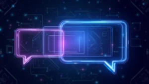 High-tech digital interface showing conversational AI chat bubbles glowing with blue and purple light, abstract neural network patterns in background, modern minimalist design, photorealistic rendering
