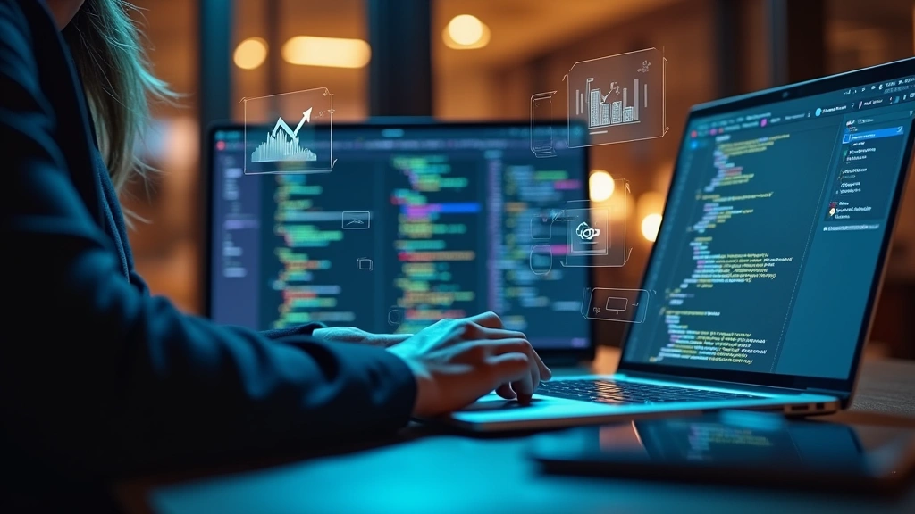 Person using laptop with ChatGPT interface displayed on screen, surrounded by floating holographic code snippets and data visualizations, professional tech environment, warm ambient lighting