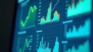Close-up of a modern computer monitor displaying a dashboard interface with colorful analytics charts, graphs, and data visualizations in professional blue and green tones, clean minimalist design