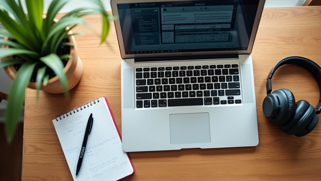 Overhead view of a student's desk with an open laptop showing an online learning platform, notebook, pen, and wireless headphones, natural daylight streaming across the workspace