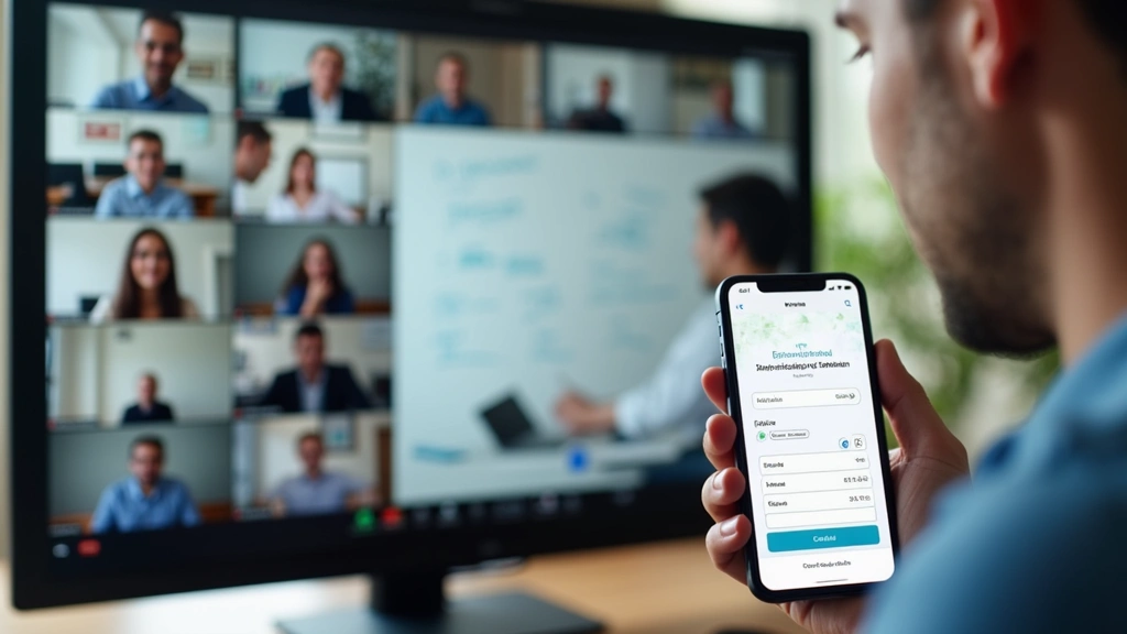 Split-screen composition showing a virtual classroom video conference on left side with multiple participant windows and collaborative whiteboard, right side showing mobile phone displaying course content and grades
