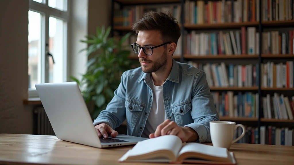Professional software developer reading technical book at wooden desk with laptop and coffee, natural window lighting, focused expression, bookshelf background