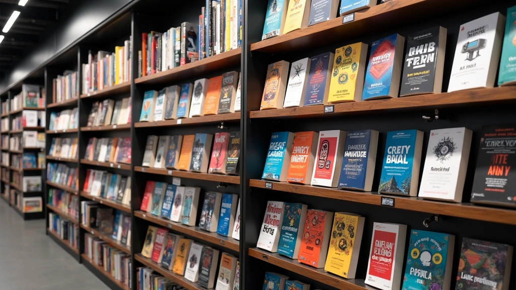 Organized bookstore shelves displaying technology books organized by category, vibrant spines showing programming languages and AI topics, professional retail environment