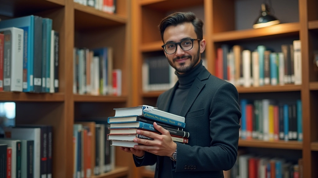 Tech professional holding multiple computer science and programming books, standing in modern library setting, warm ambient lighting, diverse collection visible