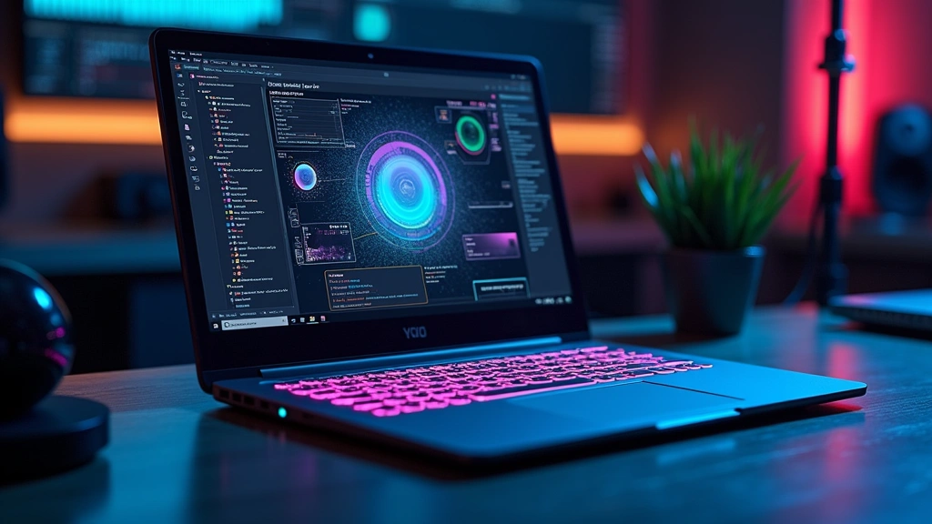 High-performance 16-inch laptop with aluminum chassis and illuminated keyboard in professional workspace setting, showing thermal efficiency and processing power, realistic studio lighting