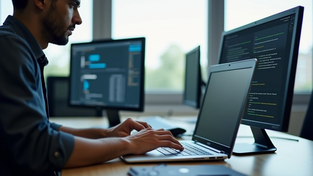 Professional tech worker typing on premium laptop keyboard in modern office environment with multiple monitors, focused on productivity and ergonomics, natural daylight through windows