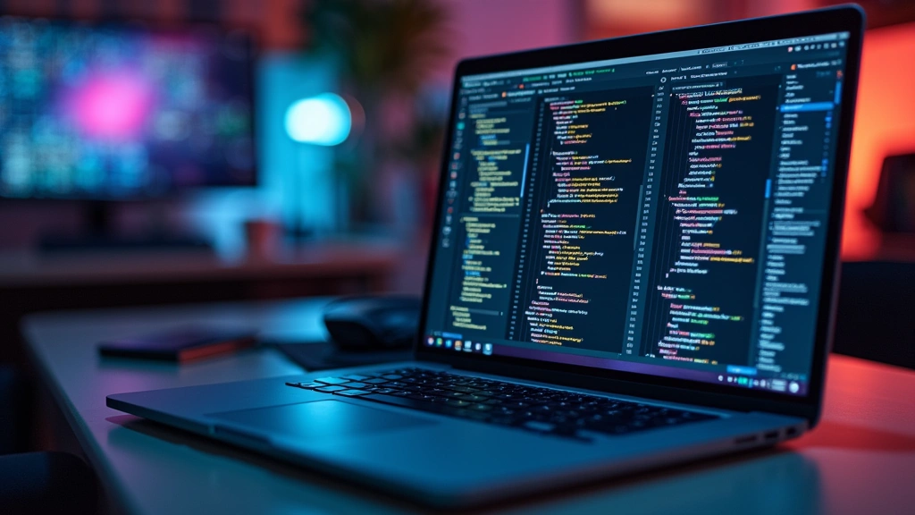Laptop displaying complex code editor and development tools on vibrant OLED display screen, showing color accuracy and brightness in tech workspace, professional photography