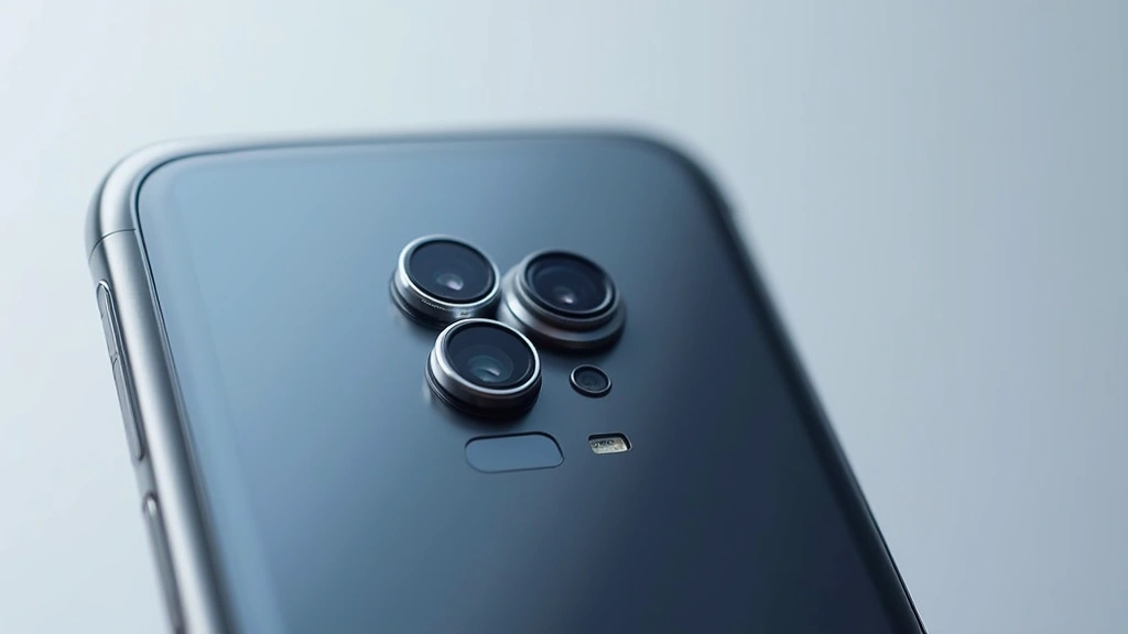 High-end smartphone with curved display showing advanced camera module with multiple lenses, professional product photography against neutral background, sharp focus on camera system details