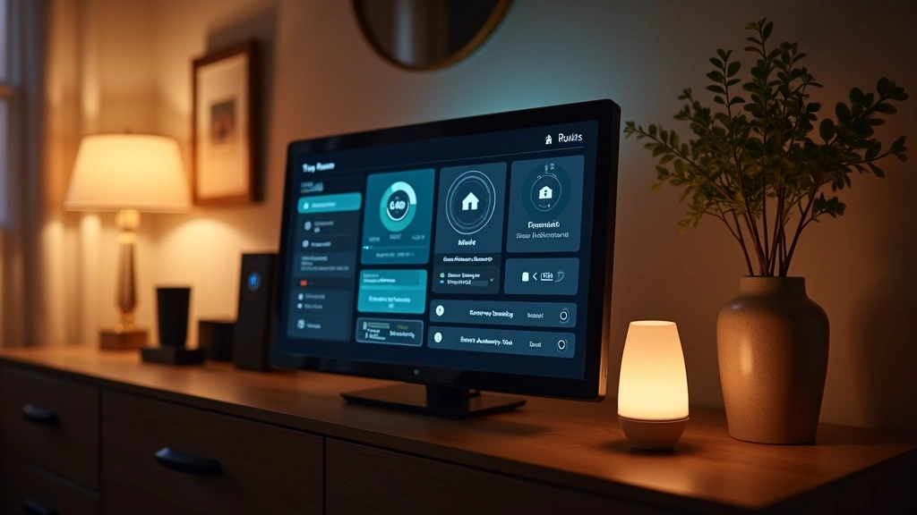 Smart home control hub with ambient lighting displaying home automation interface, surrounded by smart devices, warm interior setting demonstrating ecosystem integration