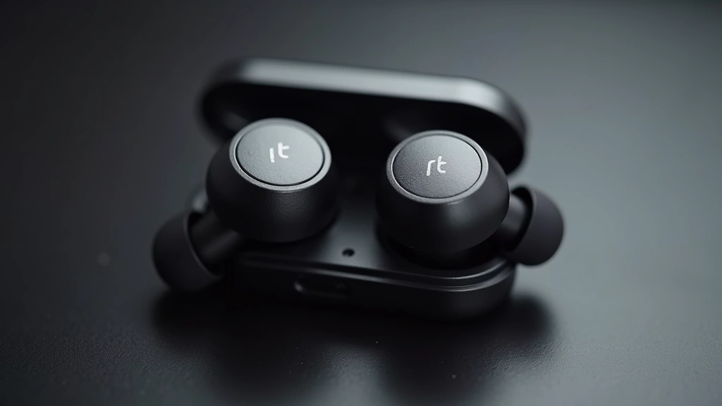 Premium wireless earbuds with active noise cancellation features, close-up product shot showing design details, professional lighting highlighting build quality and technology