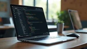 Modern laptop displaying code editor with mechanical keyboard and wireless mouse on campus study desk with natural lighting