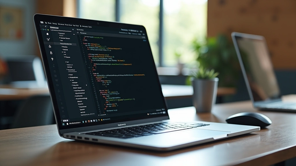 Modern laptop displaying code editor with mechanical keyboard and wireless mouse on campus study desk with natural lighting
