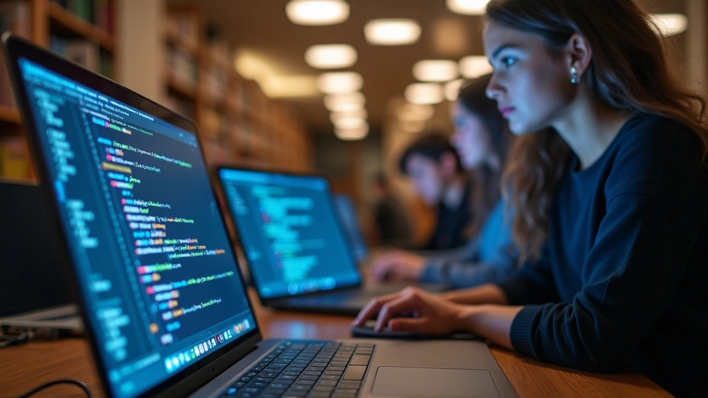 High-performance laptop displaying code editor and design software on vibrant display in campus library setting with students studying