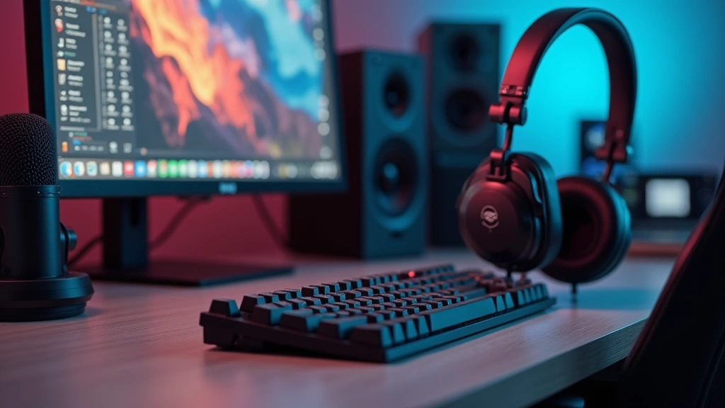 Professional audio setup with wireless headphones, USB microphone, and mechanical keyboard arranged on clean desk workspace with monitors
