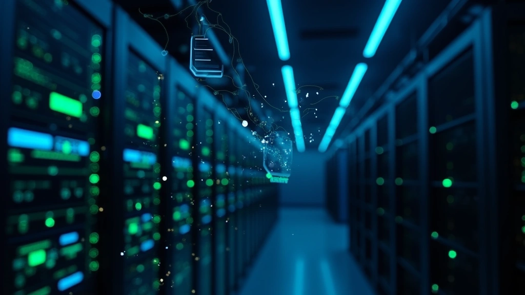 Professional data center with blue and green network lights, server racks with security indicators, futuristic identity verification visualization, no text or logos visible