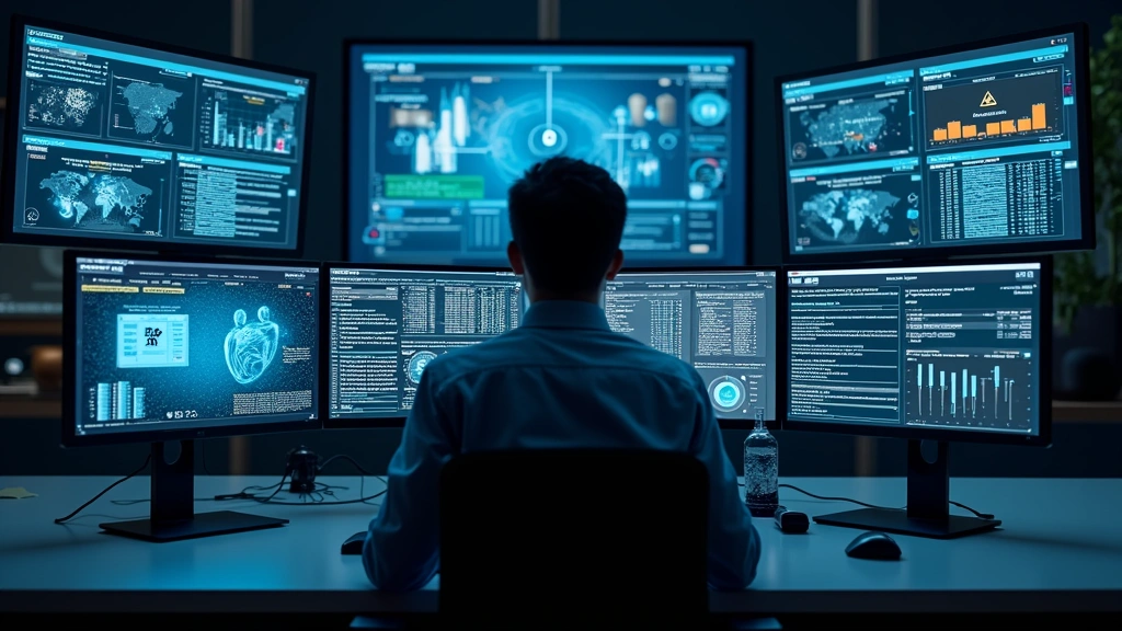 Modern cybersecurity control room with multiple monitors displaying authentication dashboards, security analytics, and access management interfaces, professional lighting, no readable text on screens