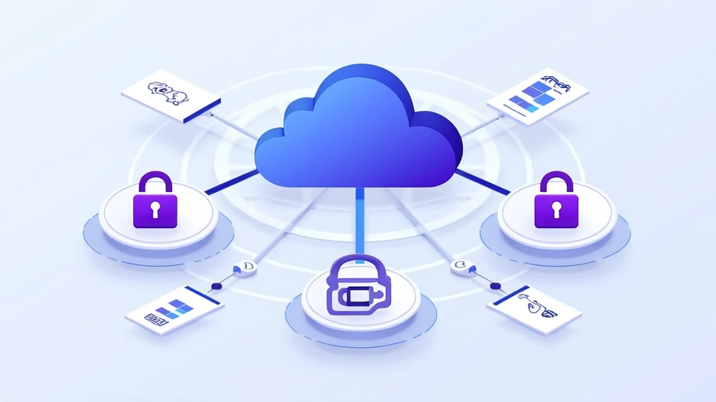 Cloud infrastructure visualization with interconnected nodes, padlock security symbols, digital authentication flow diagram, professional blue and purple color scheme, no text or product branding