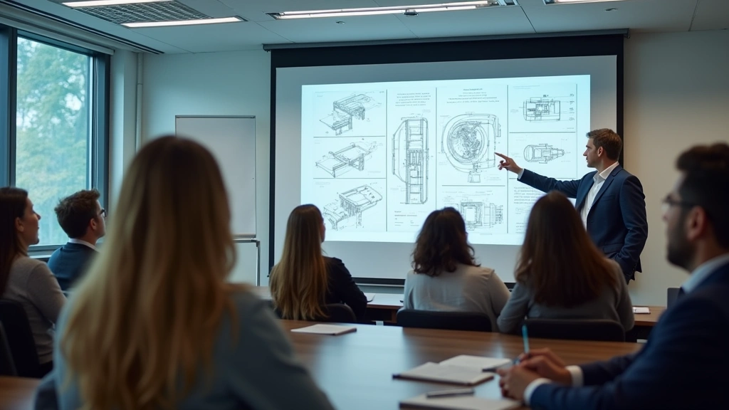 Diverse group of students in modern classroom with instructor pointing to whiteboard displaying technical diagrams, bright fluorescent lighting, engaged learners