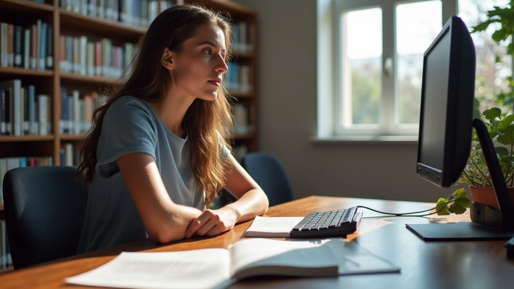 Student sitting in college library at computer workstation with open textbooks and notes spread across desk, natural window light, concentration visible