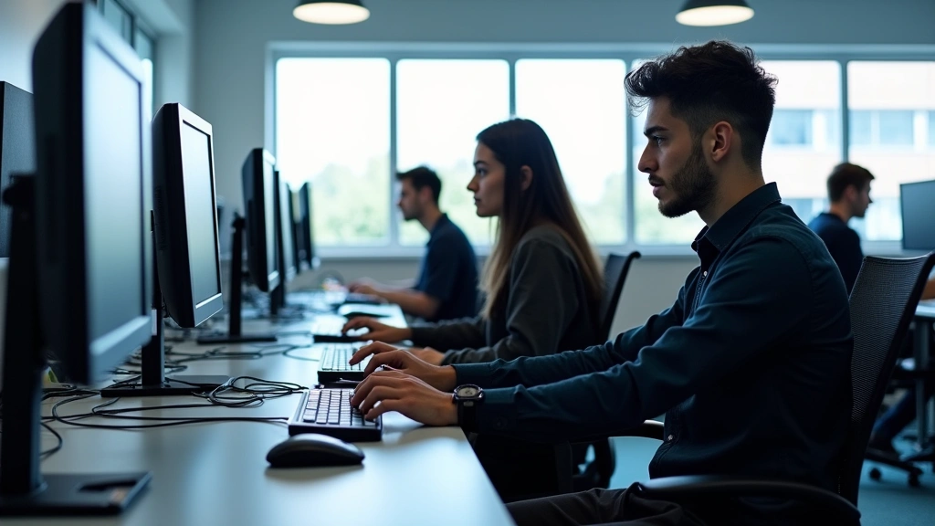 Professional computer workstations in a modern tech laboratory with multiple high-performance monitors, ergonomic chairs, organized cable management systems, bright natural lighting from windows, several students working at different stations with focused concentration
