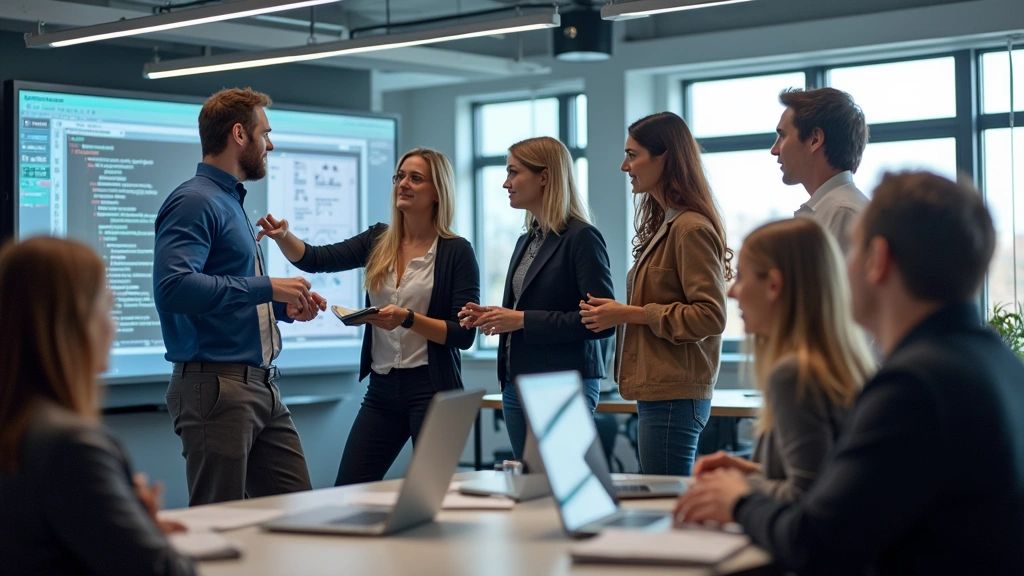 A diverse group of students collaborating in a contemporary tech classroom, some pointing at a large display monitor showing code or network diagrams, others taking notes, natural daylight from large windows, modern furniture and technology visible, engaged learning atmosphere