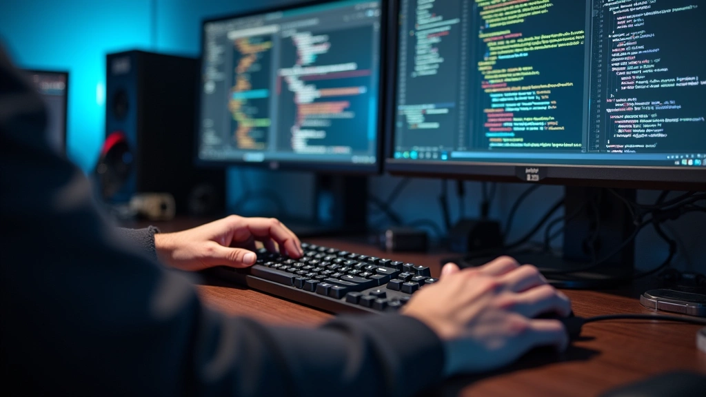Close-up of hands typing on a mechanical keyboard at a developer workstation, multiple monitors displaying code editors and debugging tools, technical equipment and cables visible, professional development environment setup