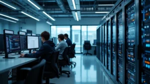 Modern technical laboratory with students working on networking equipment and servers in a bright, well-lit facility with professional-grade cybersecurity tools displayed on workstations