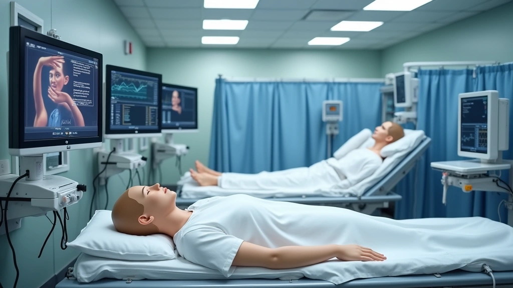 Healthcare simulation center featuring high-fidelity medical mannequins on hospital beds with monitors and equipment, showing realistic clinical training environment