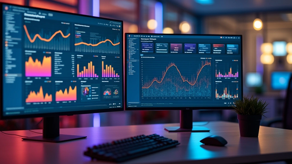 Sleek modern computer workstation with dual monitors displaying colorful data dashboards and analytics charts in professional office setting, contemporary tech environment