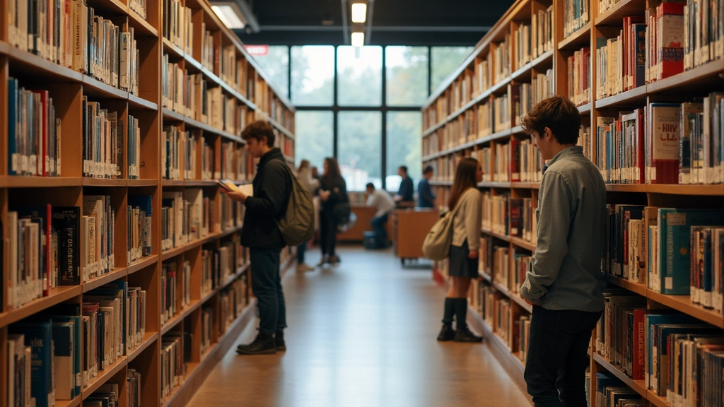 College bookstore interior with technical textbooks displayed on wooden shelves, warm lighting, students browsing materials, organized shelving units