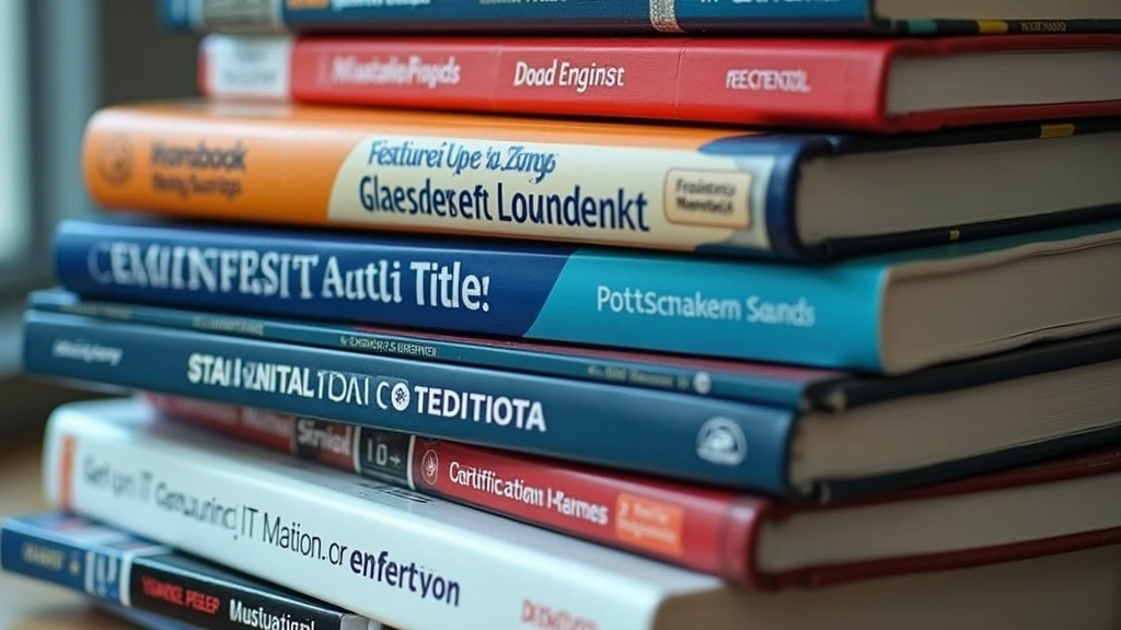 Close-up of various technical textbooks stacked together, engineering manuals, IT certification guides, professional learning materials on display