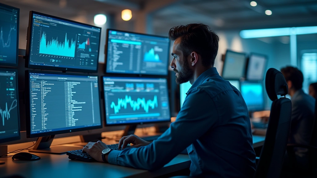 Professional technology specialist working at modern computer workstation with multiple monitors displaying network dashboards and system analytics in contemporary office environment