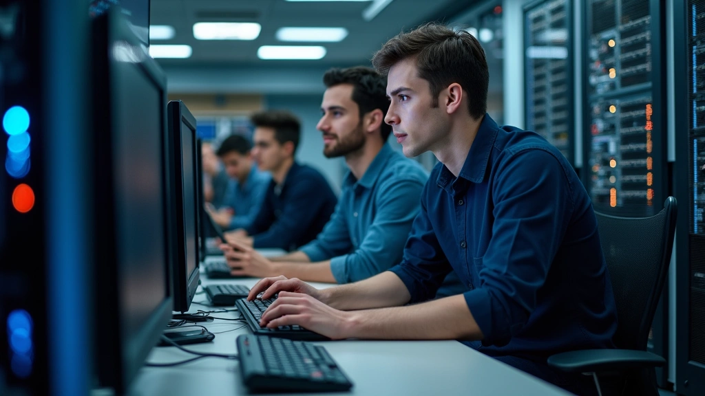 Young IT professional receiving hands-on mentoring from experienced cybersecurity expert in college computer lab with servers and networking equipment visible
