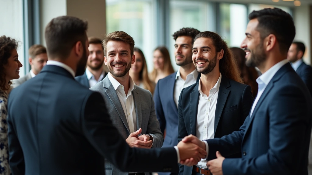 Diverse group of technology graduates in professional attire at career networking event with employers, shaking hands and discussing job opportunities