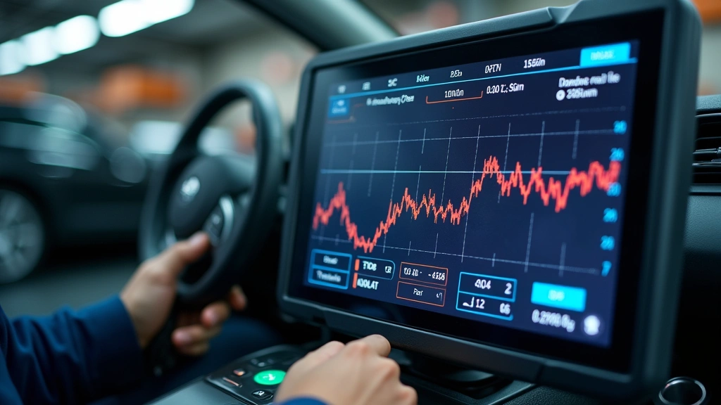 Modern automotive diagnostic scanner displaying real-time vehicle data on digital screen with professional technician workspace setup, professional garage environment, detailed close-up of device interface