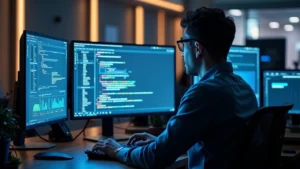Modern tech professional working at computer workstation with multiple monitors, focused on coding or cybersecurity dashboard, professional office environment