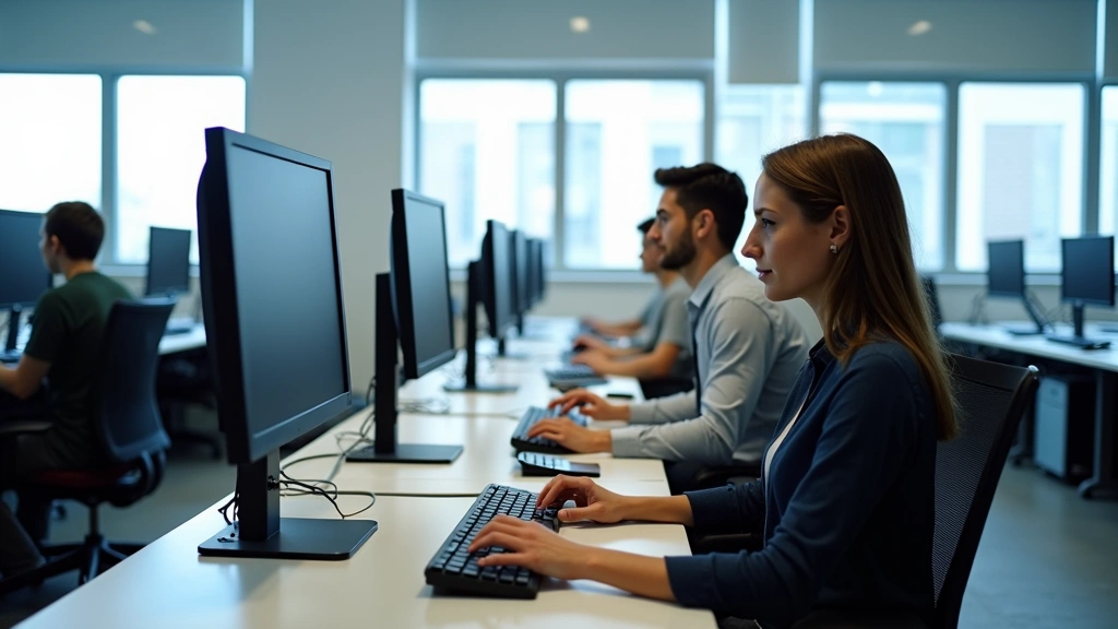Modern computer lab with rows of professional workstations, dual monitors, ergonomic keyboards, natural lighting from large windows, students working at desks with focused concentration
