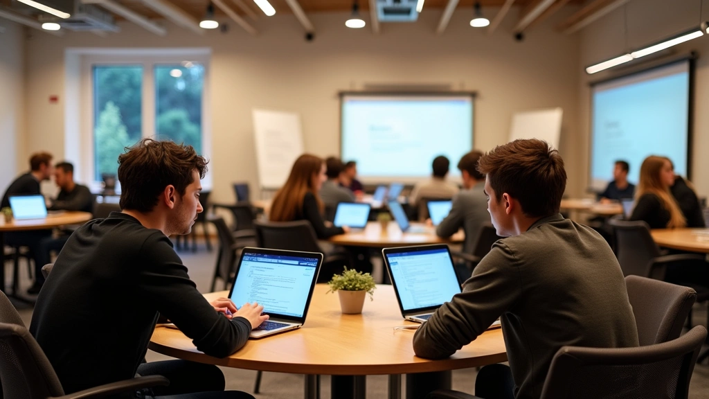 Collaborative learning space with round tables, comfortable chairs, whiteboards, students discussing programming concepts with laptops open, warm ambient lighting, open floor plan design