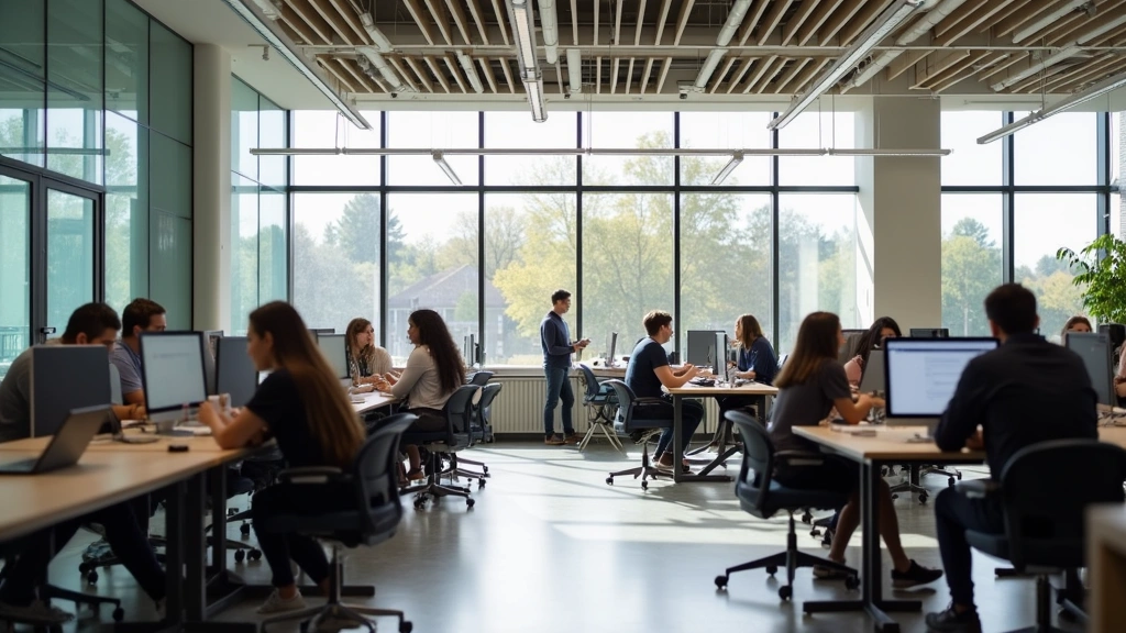 Campus technology commons with diverse students at different stations, some coding, some in discussion, glass walls, modern furniture, professional atmosphere, bright natural light streaming through windows