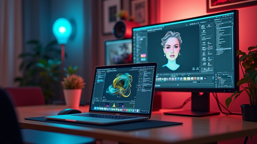 Professional workspace with MacBook Pro, wireless mouse, and external monitor displaying color-accurate graphics and design software