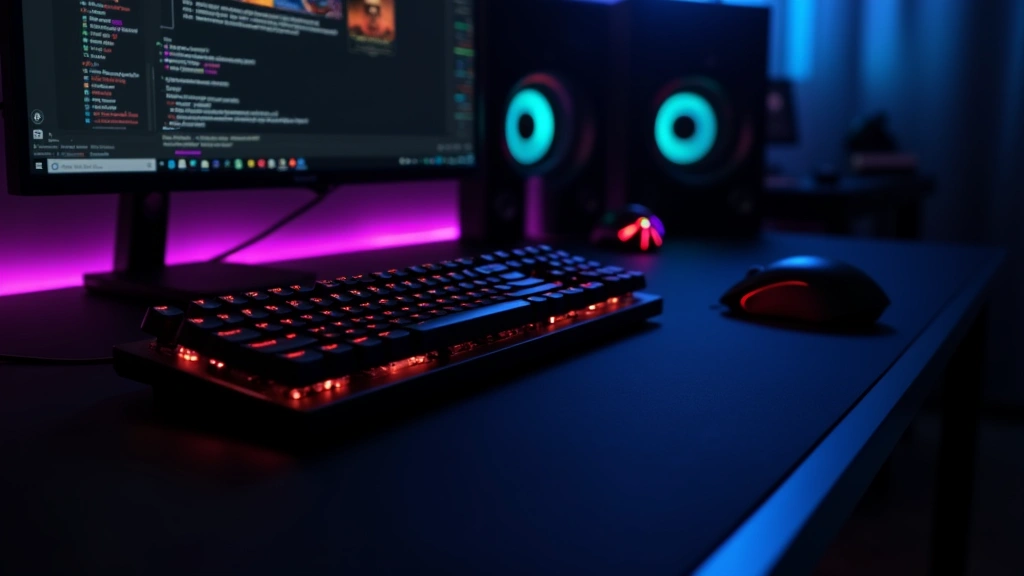Gaming setup featuring mechanical keyboard, precision mouse, high-refresh monitor, and RGB lighting in professional dark environment