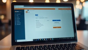 Close-up of laptop screen displaying Okta login dashboard with authentication interface, professional setting, no text visible, warm office lighting