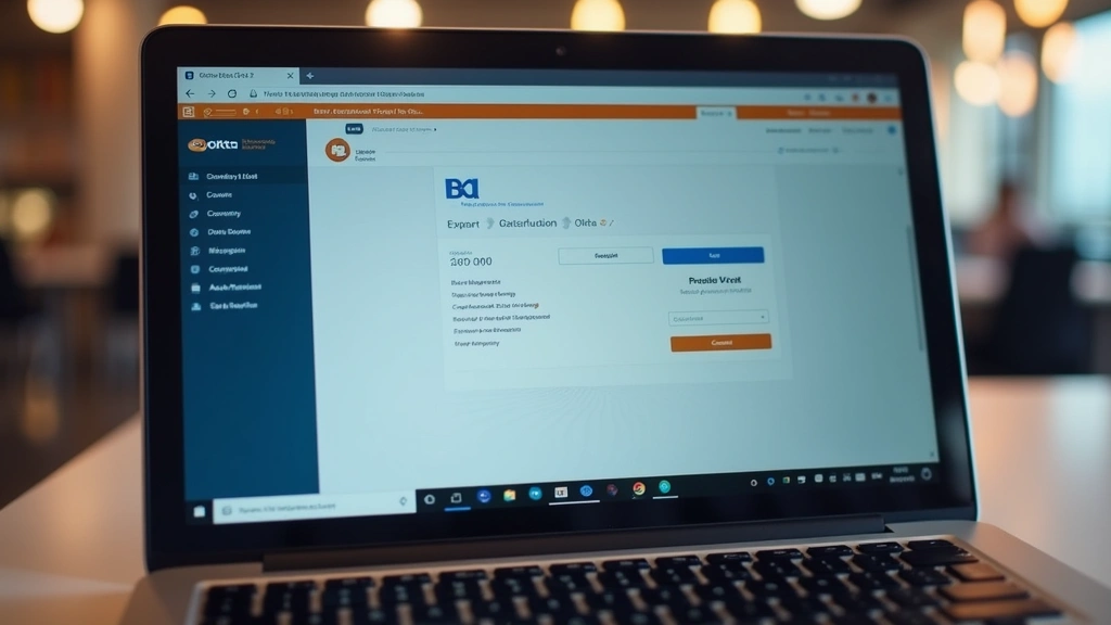 Close-up of laptop screen displaying Okta login dashboard with authentication interface, professional setting, no text visible, warm office lighting