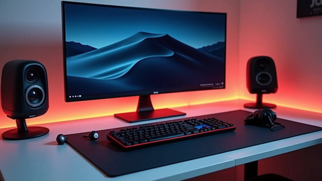 Professional workspace with high-performance laptop, wireless earbuds, portable monitor, and mechanical keyboard on clean desk with warm lighting