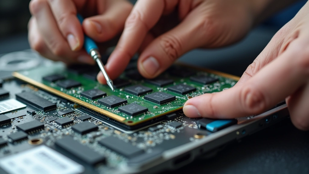 Hands performing laptop memory upgrade with RAM module, screwdriver, and open laptop chassis on static-free mat with technical precision