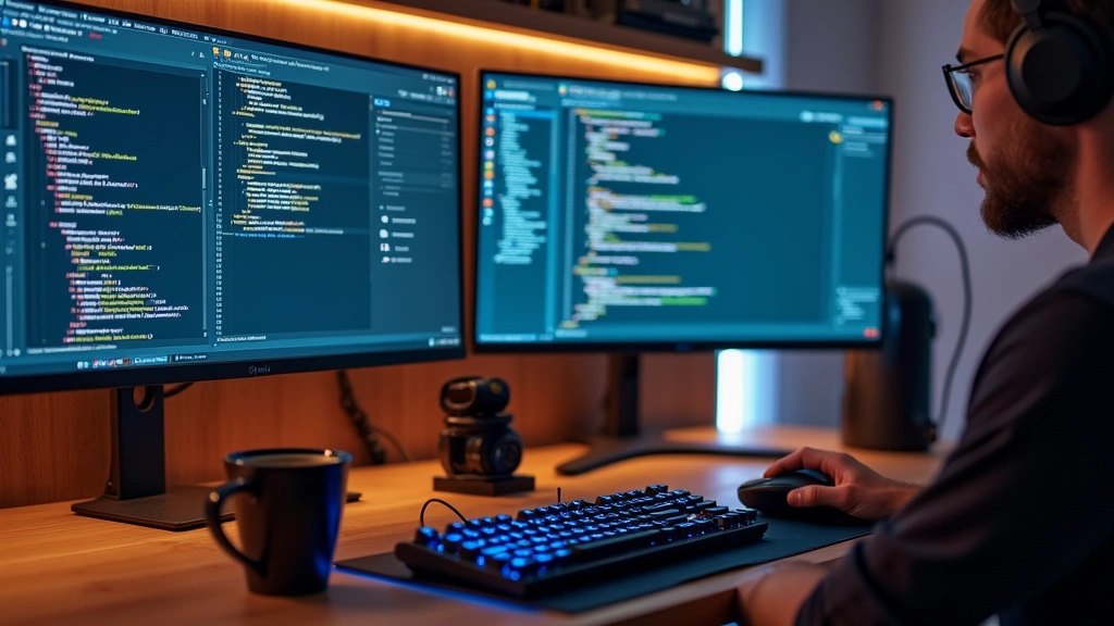 Modern developer workspace showing multiple monitors, IDE code editor, coffee cup, mechanical keyboard, and organized tech gadgets in professional environment
