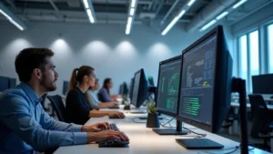 Modern computer lab with workstations running professional software, students typing on keyboards with dual monitors, bright fluorescent lighting, contemporary office-style setup with adjustable chairs