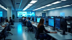 Modern college computer laboratory with rows of professional workstations, dual monitors, and students working at desks, bright fluorescent lighting, contemporary equipment