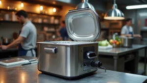 Professional stainless steel sous vide precision cooker with digital display and water bath setup in modern restaurant kitchen