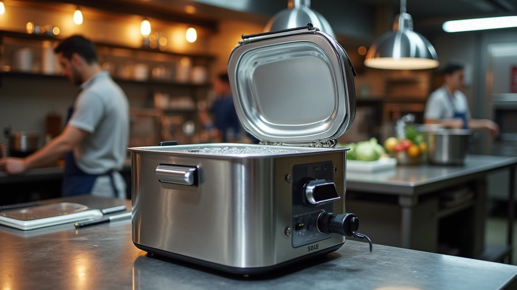 Professional stainless steel sous vide precision cooker with digital display and water bath setup in modern restaurant kitchen